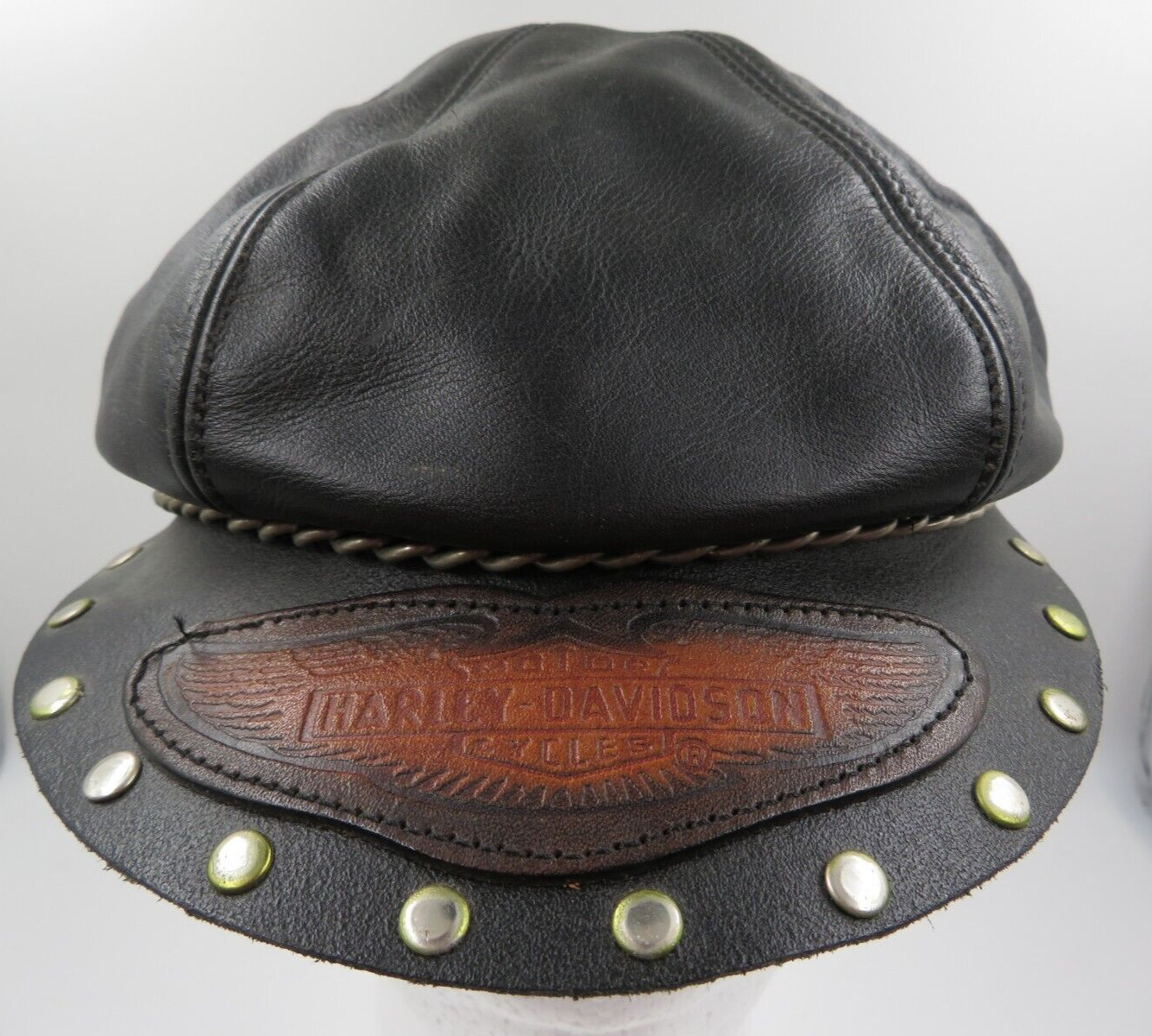 Vintage Harley Davidson Motorcycles Leather Captain's Cap Hat Patch Chain USA