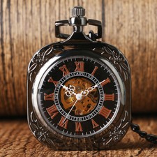Retro Hand-winding Mechanical Square Open Face Roman Numerals Pocket Watch Chain