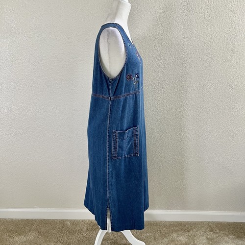 Erika Small Denim Long Midi Dress Modest Sleeveless Floral Embroidery Cotton Vtg - Picture 5 of 13