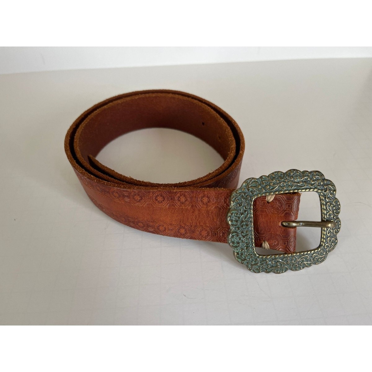 Vintage Hand Tooled Leather Belt Ornate Buckle Size Medium B853 - Cognac Vintage Tooled Belt - Double J Saddlery main image 4