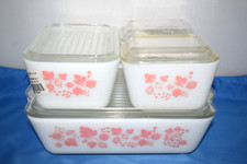 RARO NOS VINTAGE SET 4 TAPAS DE PLATOS REFRIGERADOR PYREX ROSA GROSELLA ESPINOSA