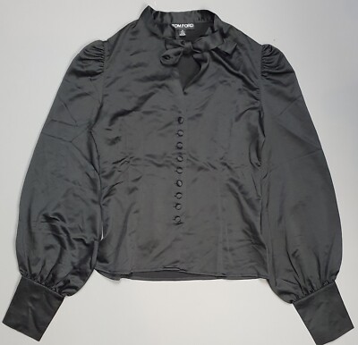 TOM FORD Damen schwarze Bluse Muschi-Schleife Kragen Langarm Oberteil Shirt Gr. XS NEU
