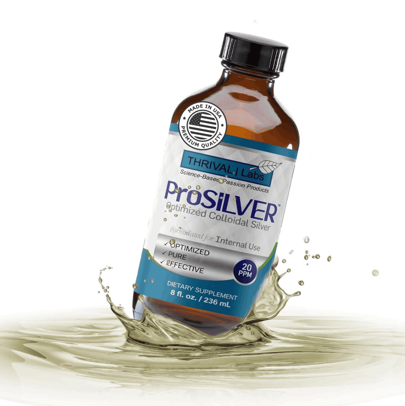 ProSILVER Blue 20 PPM Colloidal Silver Liquid 8oz Glass Bottle by Thrival Labs