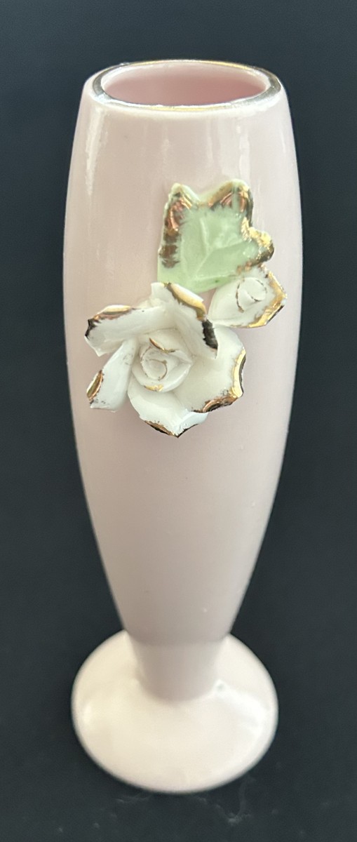 Vintage Pink Bud Flower Vase w/ Applied Rose & Gold Accent