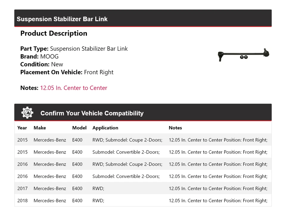 Barra estabilizadora de suspensão dianteira direita MOOG para 2015-2018 Mercedes-Benz E400 - Imagem 2 de 4