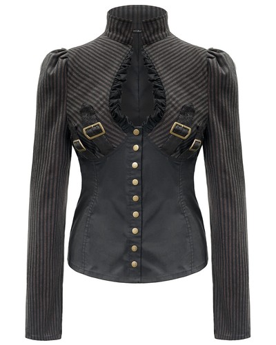 Devil Fashion Womens Steampunk Blouse Top Black Brown Stripe Victorian Gothic - Picture 2 of 24