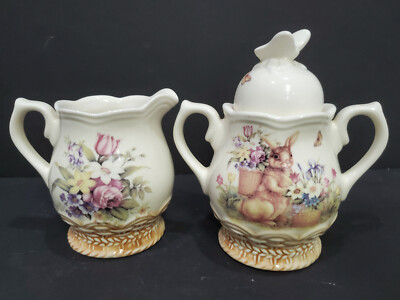 Vintage Bunny Creamer & Sugar Dish W/Lid Easter Treasures By Cracker Barrel