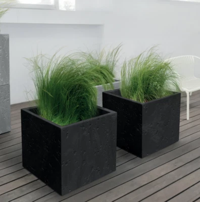 TRANS PAL Square Planter – Concrete Effect – 28.8x28.8x29cm – Mobile Flower Pot on Wheels