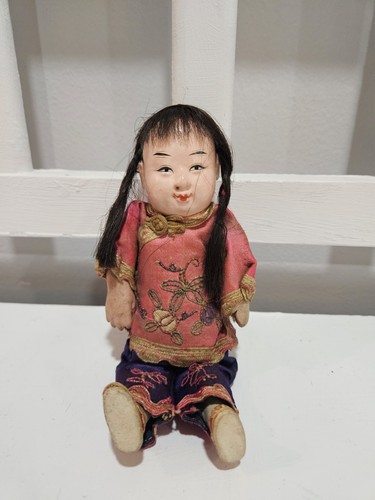 Antique Chinese Composition Girl Doll  Traditional Embroidered Silk Clothing 7"