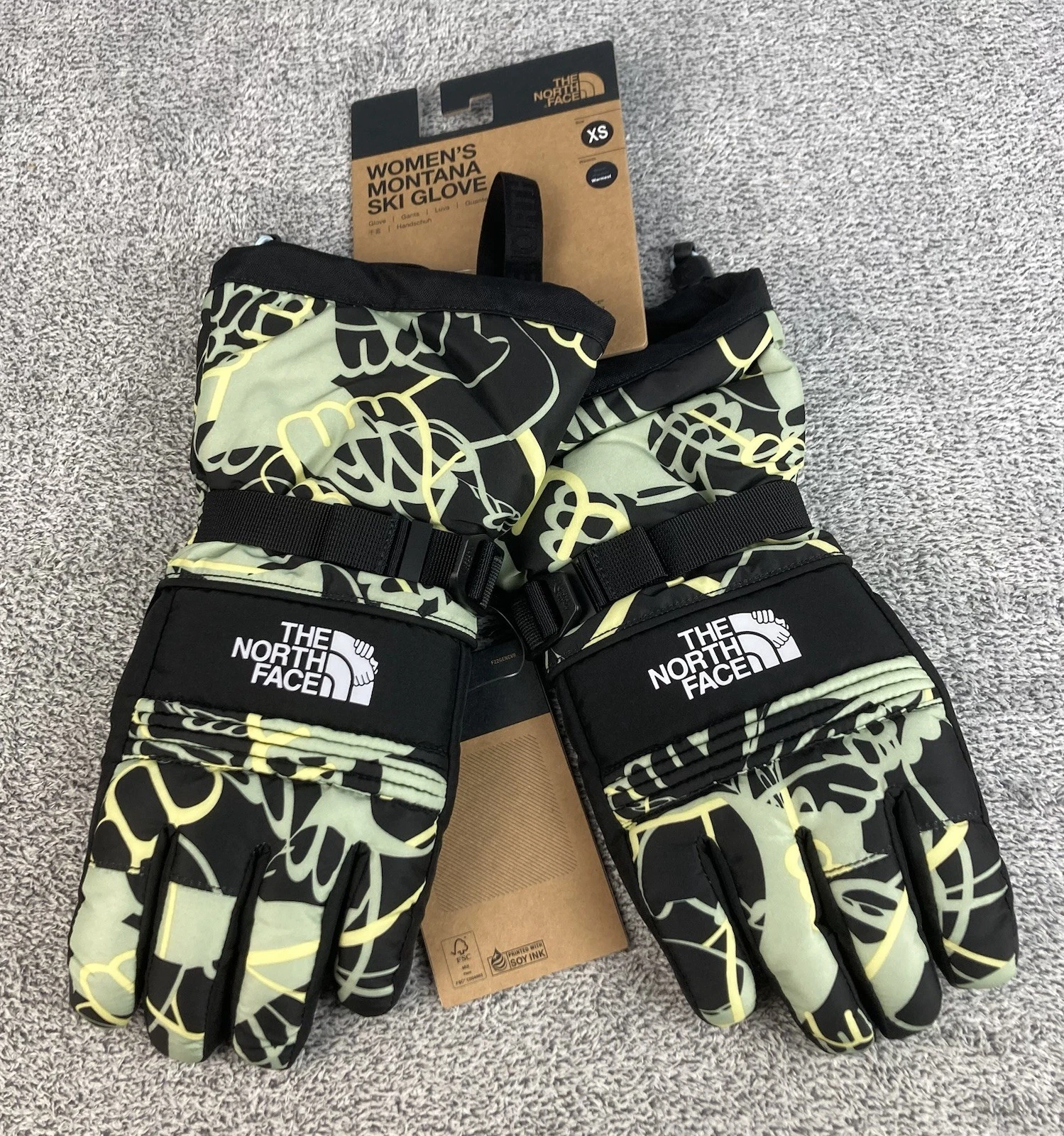 The North Face Montana Ski Gloves Women Sz XS Black Green Insulated Waterproof