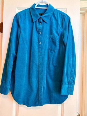 Talbots Peacock Blue Fine Wale Corduroy, Cotton Button Down Shirt, Size M