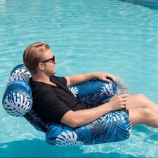 Thickened Inflatable Pool Float Lounge Chair PVC Oxford Cloth Blue Leaf Print