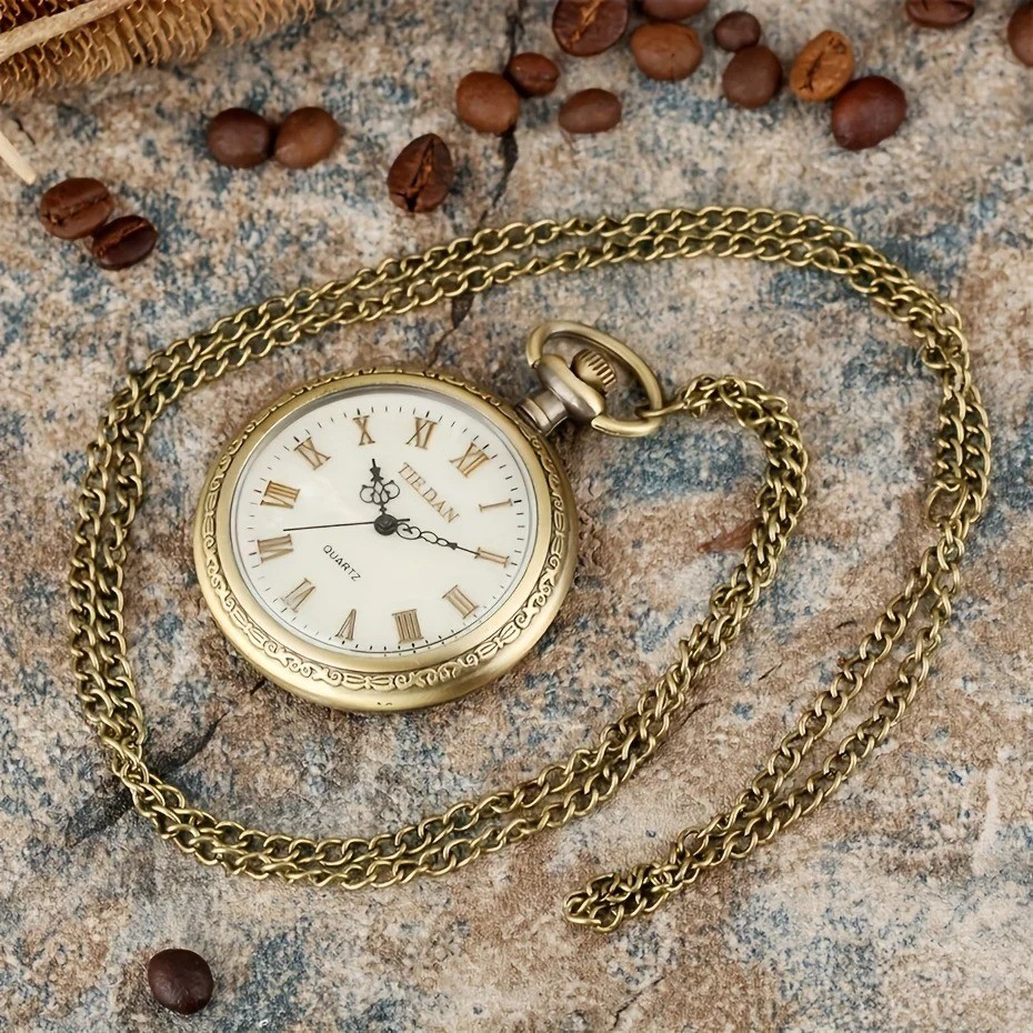 Vintage Bronze Quartz Pocket Watch Roman Numerals Alloy Case World Time Gift