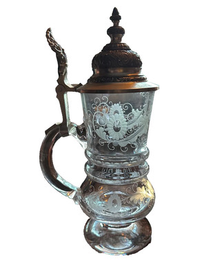 Antique Intaglio Cut Glass Beer Stein Marked P in Shield w/ Crown Pewter Lid