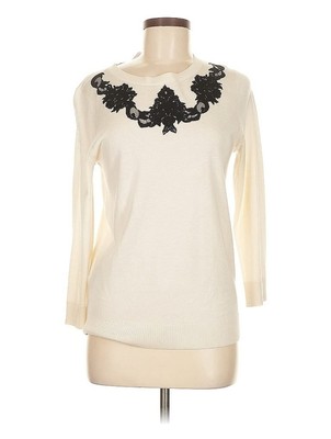 NWT Magaschoni Cashmere Silk Ivory Sweater Black Floral Lace Size M  Lightweight - Main Image