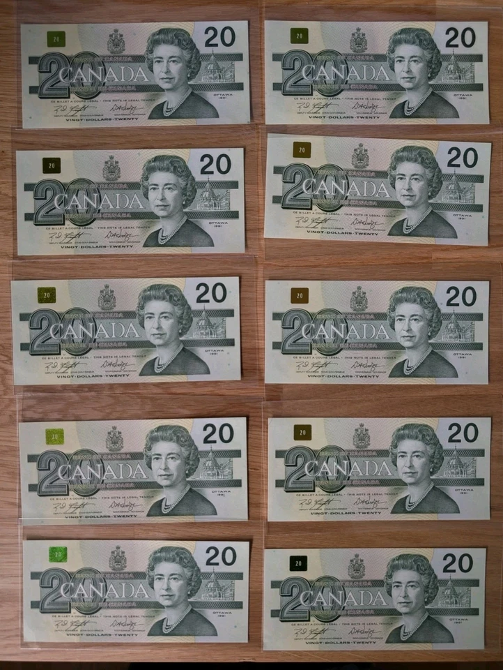 10 Sequential 1991 Canadian $20 Bills – Birds of Canada Series –... Foto 3 de 4