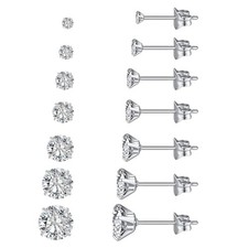 7 Pairs Silver Cubic Zirconia Stud Earrings Multiple Styles 7 Pairs,