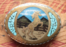 Vintage Johnson Held Hand Made Bucking Horse Inlay Mountains Western Belt Buckle
