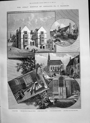 Antiker alter Druck 1890 Harrow School England John Lyon Preston Chapel Library