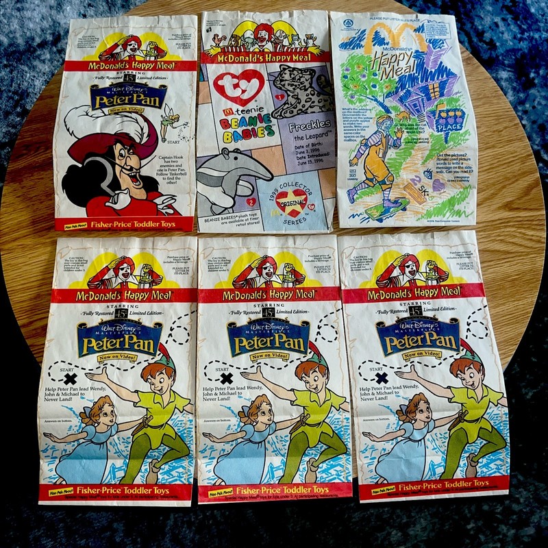 6 NICE! Old Vtg Used McDonald’s Paper Happy Meal Bags - 5-1998/1-1999