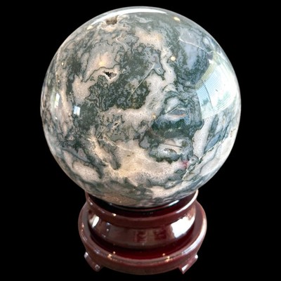 10'' GIANT Natural Moss Agate Statement Sphere with Druzy Caves and Rotating Woo