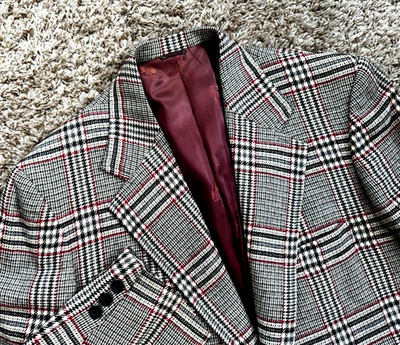 Vintage Sport Coat 70's Retro Hamburgers Men's 42R Plaid Gray Vented USA Union