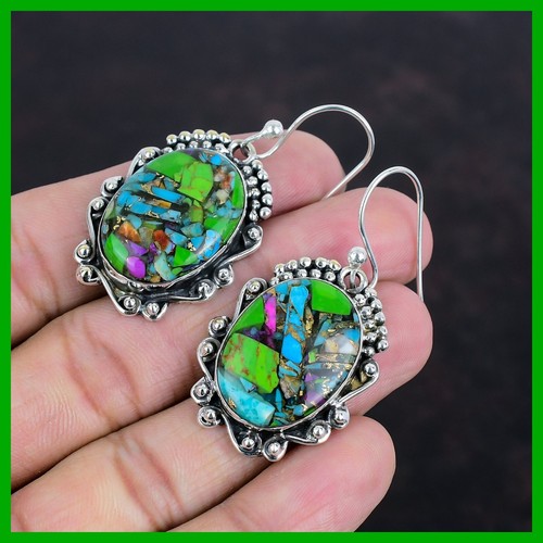 Sterling Silver Fiesta Kingman Turquoise Stone Engagement Drop Ethnic Earrings - Imagen 4 de 7