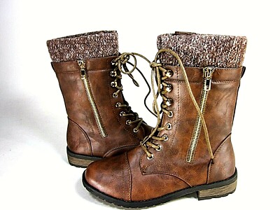Forever Link Mango-31 Women's Round Toe Lace-Up Brown Combat Boots US Size  New