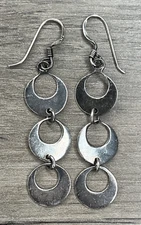 Modernist Sterling 925 Crescent Moon Triple Dangle Drop Waterfall Hook Earrings