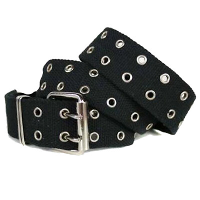 Two Row Silver Metal Grommet Adjustable Fit Mens Canvas Belt Black
