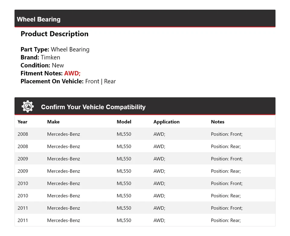Cojinete de rueda Timken 2009 2010 para Mercedes-Benz ML550 2008-2011 AWD Foto 2 de 4