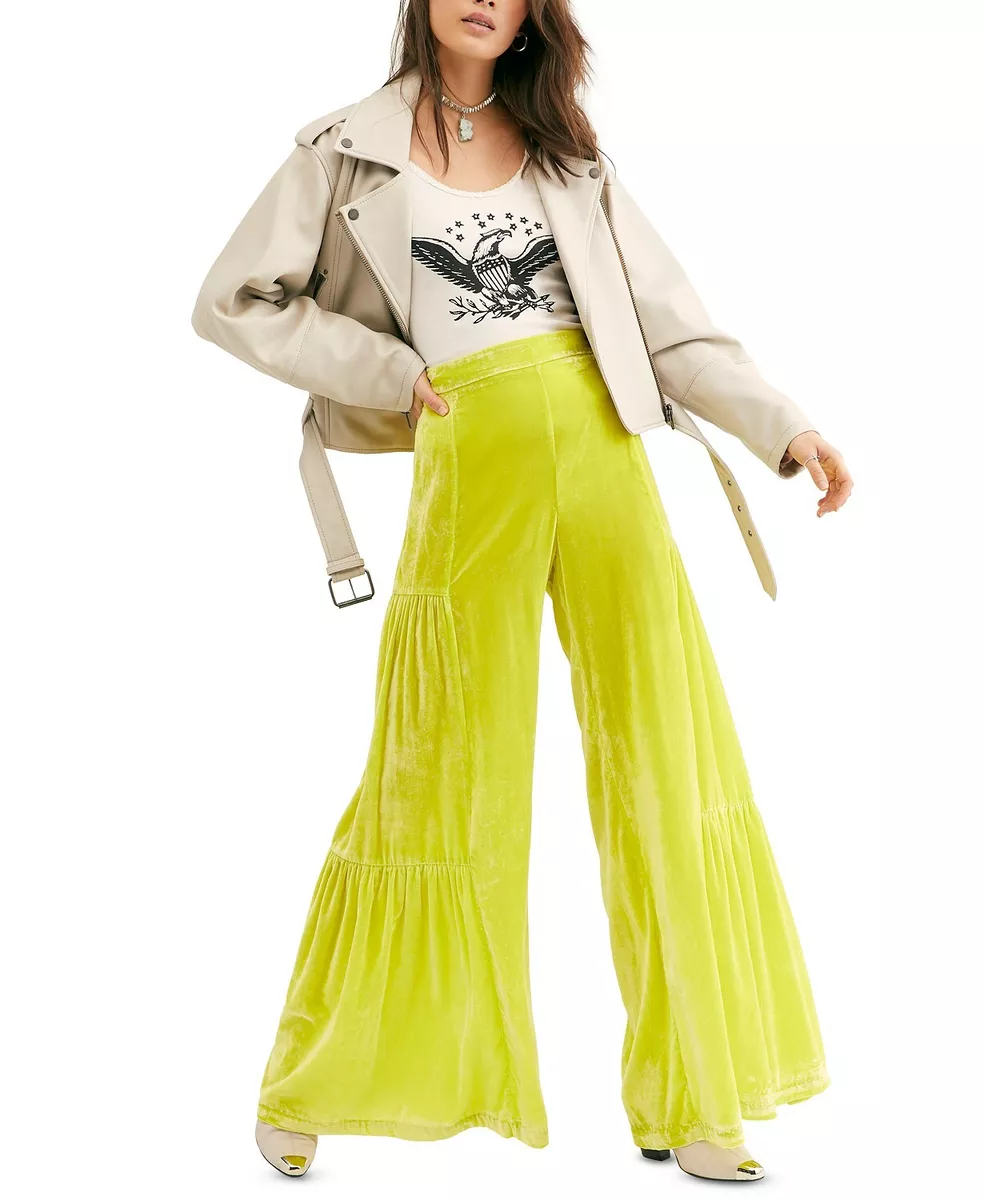 Free People Wide Leg Crushed Velvet Pant by Say La Vie Neon Yellow Size 2  NEW