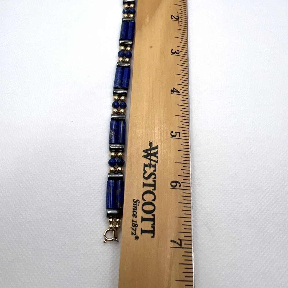 Brazalete placa azul barril lapislázuli relleno oro 14K 7" Foto 2 de 4