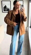 New H&M Single Breasted Blazer Faux Suede Jacket Brown Tan XL
