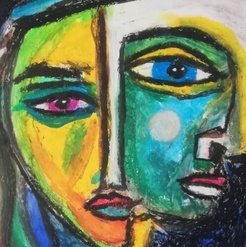 Abstract Portrait Gemälde Papier A4 Ölpastell Kunst, Oil Pastel Art On Paper A4 - Bild 2 von 2