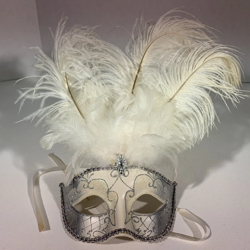 Mardi Gras Carnival Masquerade Party Eye Mask Silver Glitter Sparkles Feathers - Image 2 of 4