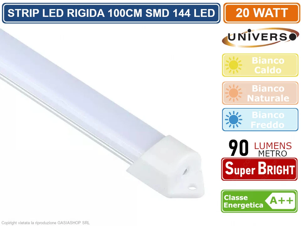 STRISCIA LED RIGIDA 100CM 20W SMD 3014 MONOCOLORE 144 LED CON PROFILO ALLUMINIO - Immagine 2 di 2