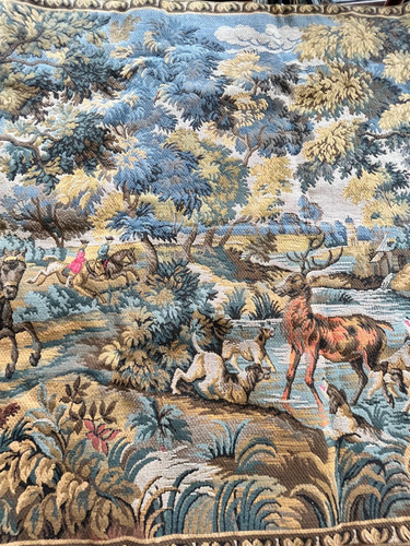 TAPIZ DE ALGODÓN VINTAGE CAZA DE CIERVOS 59"X41" HECHO EN BELGIA COLGANTE DE PARED ¡EXCELENTE! - Imagen 3 de 6