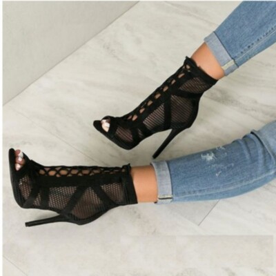 Frauen Stiefeletten Lace Up Hollow Out Stiletto High Heels Cross Straps Peep
