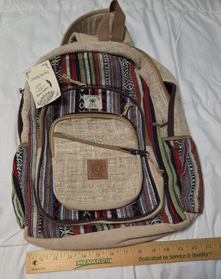 Himalayan Hemp Backpack Boho Striped Woven Canvas Travel Bag Multi Pocket - NWT