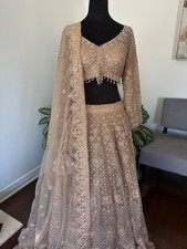 Beige Designer Lehenga Choli 40-42 Heavy Bead Mirror Work Bridal Worn Once