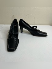Vtg Y2K Via Spiga Black Leather Mary Jane Heels Square Toe Contrast Stitch 8.5