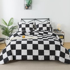 Black White Comforter Set Twin Size, Checkered Plaid Comforter Bedding Set, F...