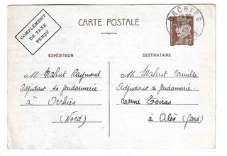 Orchies (Nord) : carte interzone entier postal Pétain 1942