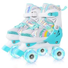 Nattork Girls Adjustable Quad Roller Skates w/ Light Up Wheels for Toddler Kids