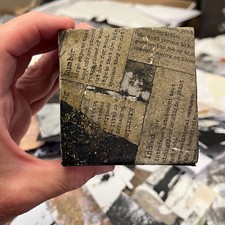 Mini Original Collage Art for Shelf, Desk, Wall 3x3x1-5/8, Wood, Vintage Grunge