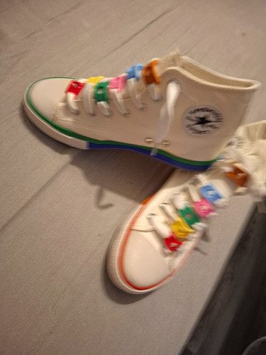 Unisex Kids High Top Lace-Up Canvas Trainers White Rainbow Laces UK 4