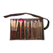 15 Wood Makeup Brushes Brown Leather Carry Pouch
