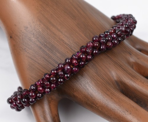 Sterling Silver 925 Genuine Garnet Semi-Round Beaded Woven Bracelet 8-1/2" 1.2g - Picture 6 of 9