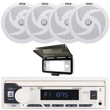 Pyle Single DIN MP3 Marine Receiver, 4x 6.5" 240W White Speakers, Radio Cover
